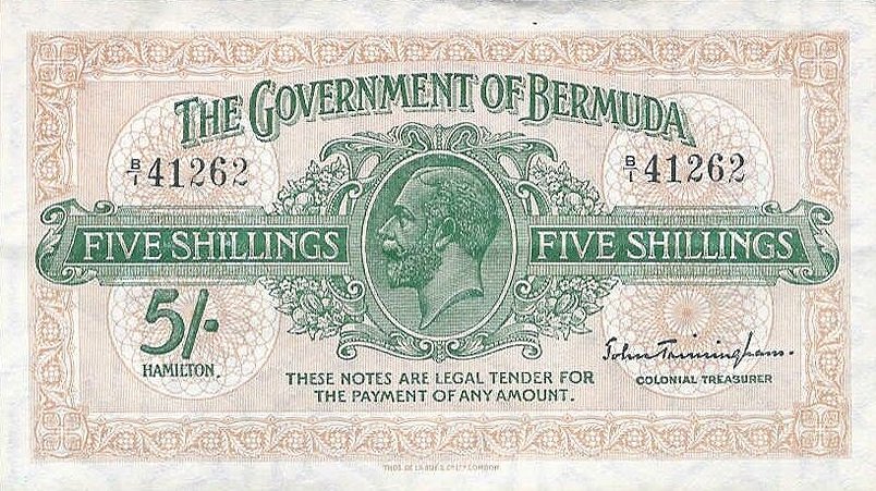Front of Bermuda p3b: 5 Shillings from 1935