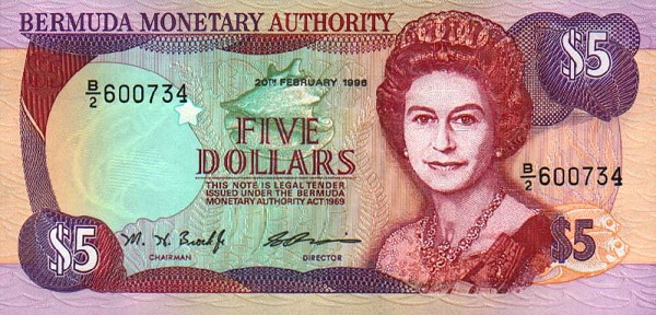 Front of Bermuda p41c: 5 Dollars from 1996