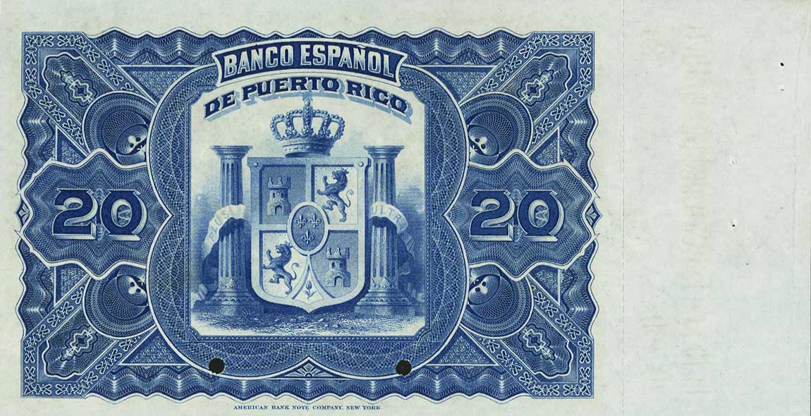 Back of Puerto Rico p28: 20 Pesos from 1894