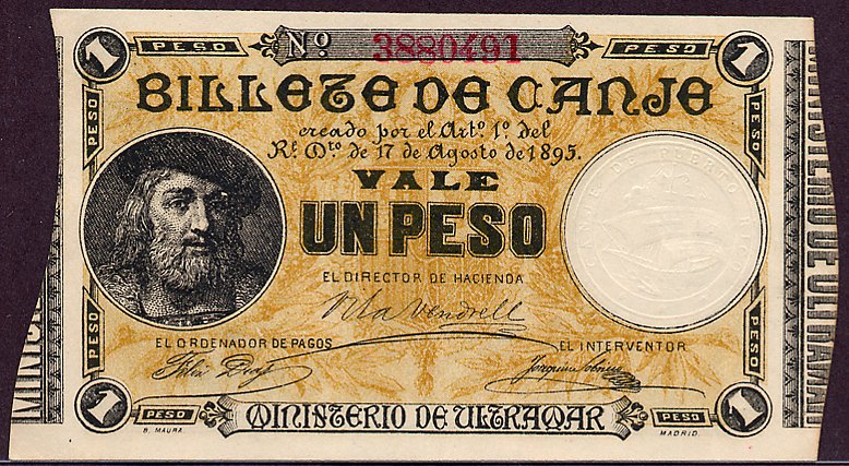 Front of Puerto Rico p7c: 1 Peso from 1895