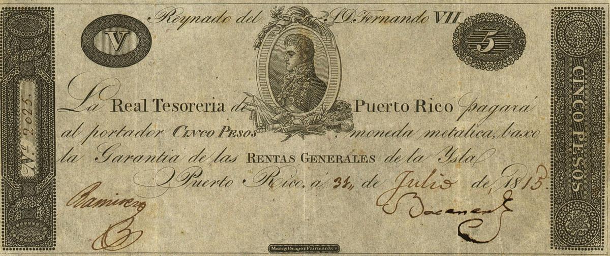 Front of Puerto Rico p6: 5 Pesos from 1819