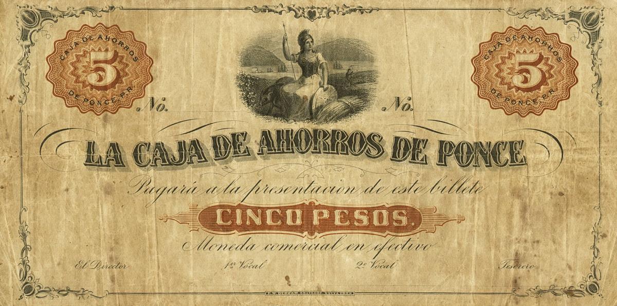 Front of Puerto Rico pS108r: 5 Pesos from 1900