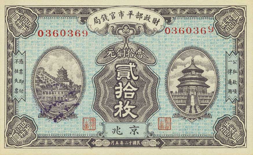 Front of China p614a: 20 Coppers from 1923