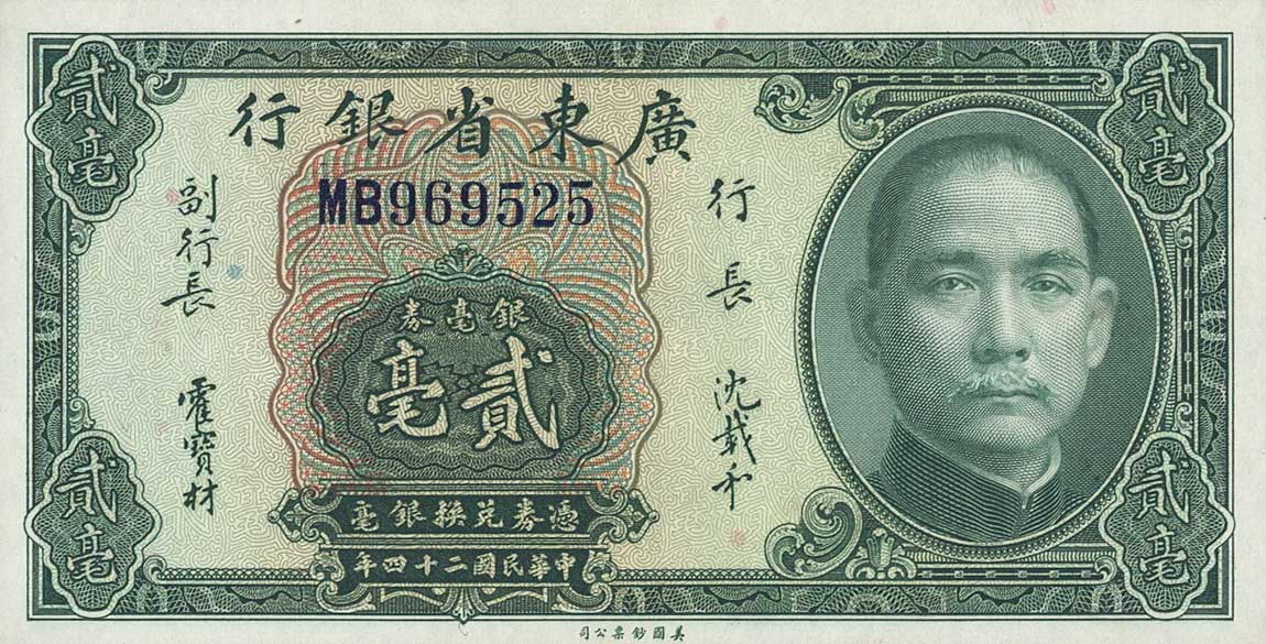 Front of China pS2437b: 20 Cents from 1935