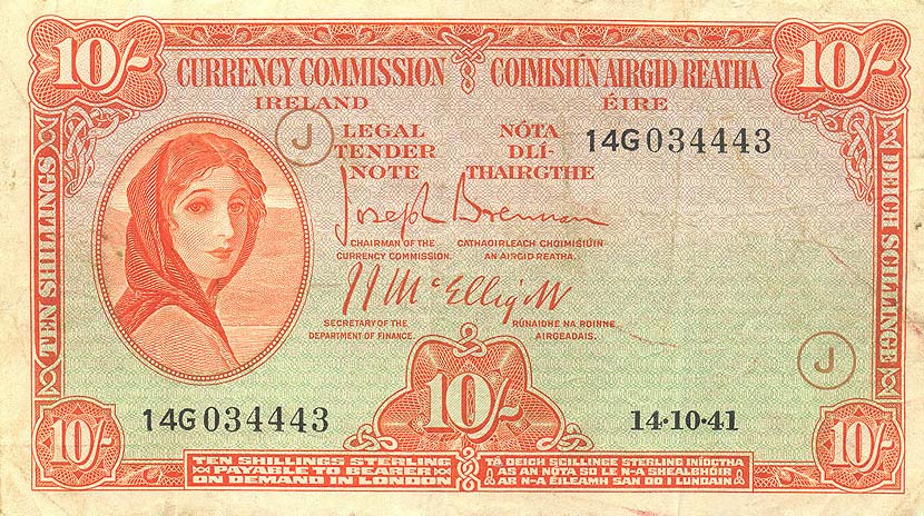 Front of Ireland, Republic of p1C: 10 Shillings from 1940