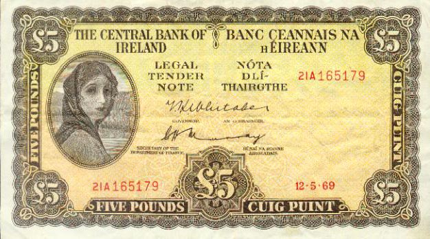 Front of Ireland, Republic of p65b: 5 Pounds from 1969