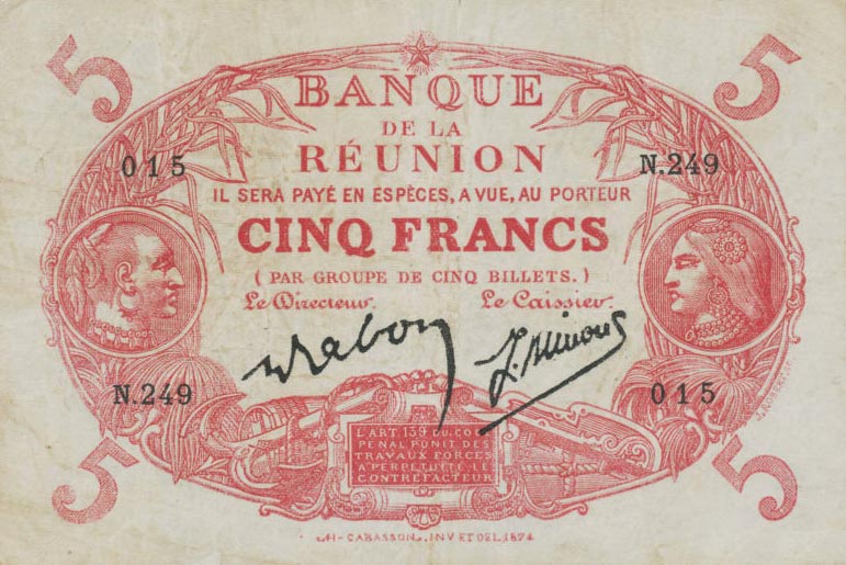 Front of Reunion p14: 5 Francs from 1901