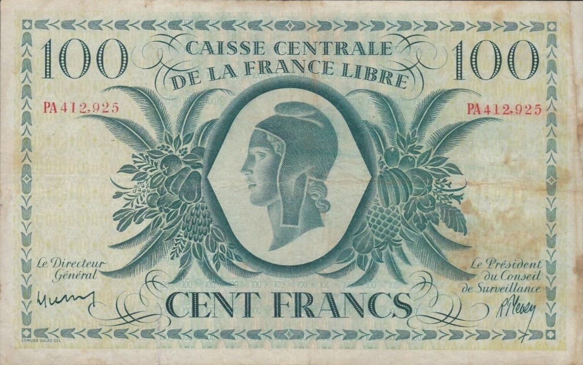 Front of Reunion p37a: 100 Francs from 1944