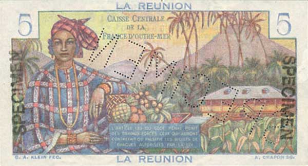 Back of Reunion p41s: 5 Francs from 1947