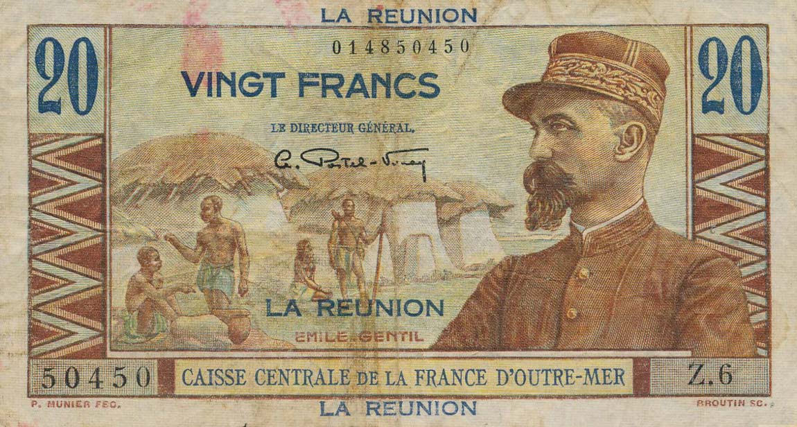 Front of Reunion p43a: 20 Francs from 1947