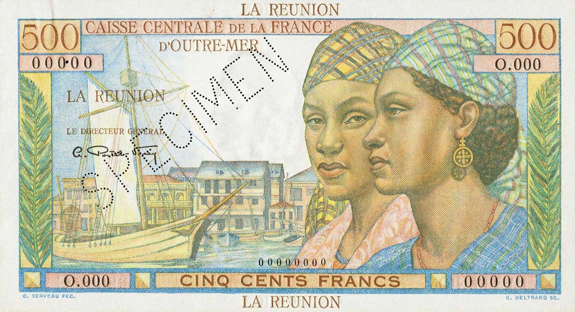 Front of Reunion p46s: 500 Francs from 1947