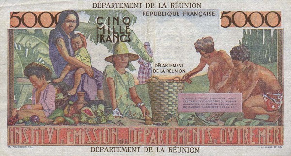 Back of Reunion p53a: 5000 Francs from 1965