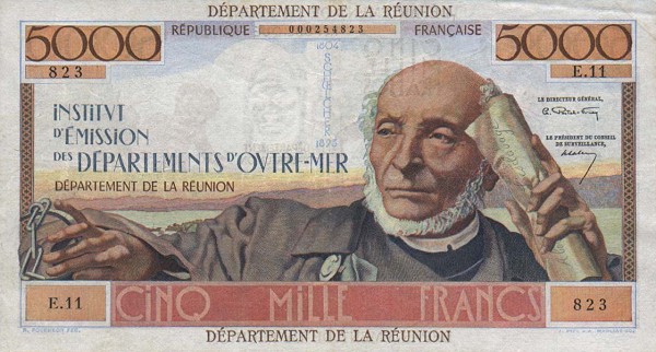 Front of Reunion p53a: 5000 Francs from 1965