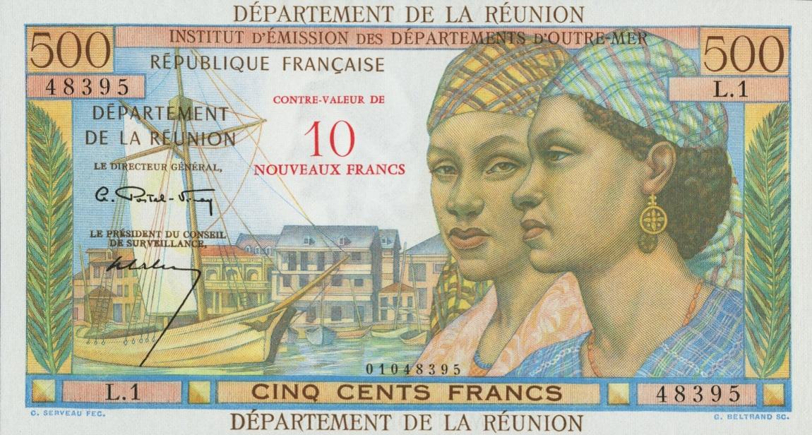 Front of Reunion p54a: 500 Nouveaux Francs from 1967