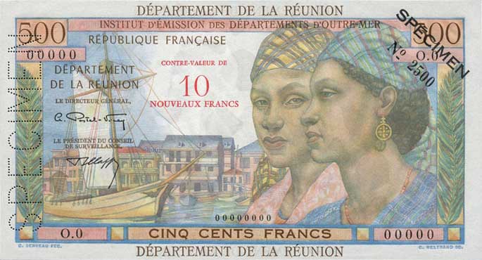 Front of Reunion p54s: 10 Nouveaux Francs from 1971