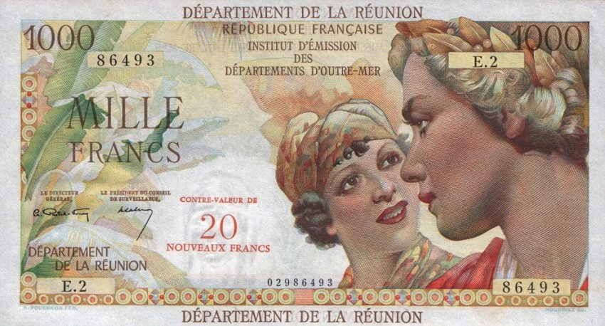 Front of Reunion p55a: 20 Nouveaux Francs from 1967