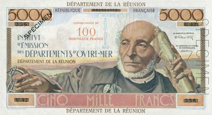 Front of Reunion p56s: 100 Nouveaux Francs from 1967