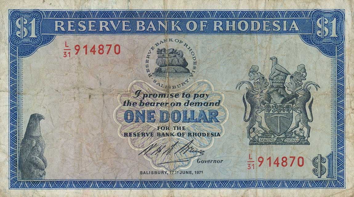 Front of Rhodesia p30d: 1 Dollar from 1971