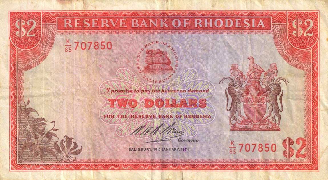 Front of Rhodesia p31h: 2 Dollars from 1974