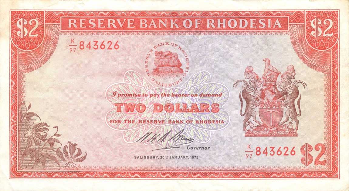 Front of Rhodesia p31i: 2 Dollars from 1975