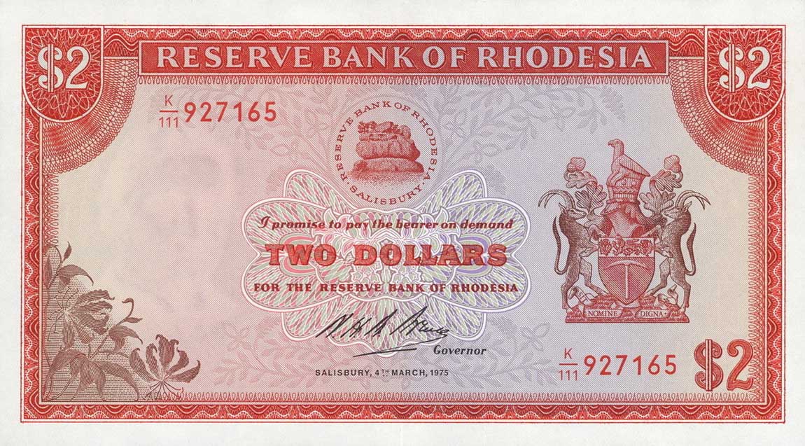 Front of Rhodesia p31j: 2 Dollars from 1975