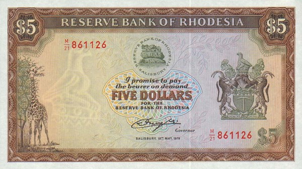 Front of Rhodesia p40: 5 Dollars from 1979