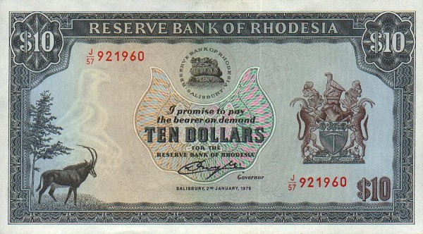 Front of Rhodesia p41a: 10 Dollars from 1979