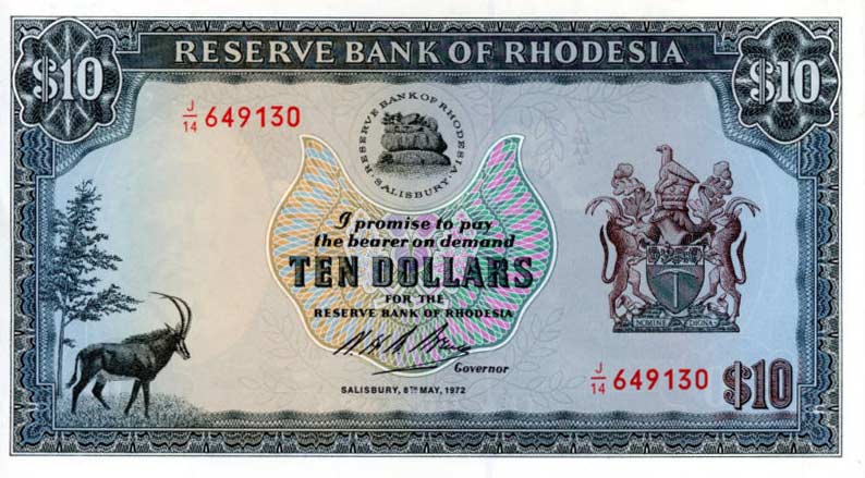 Front of Rhodesia p33d: 10 Dollars from 1972