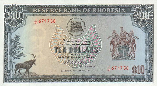 Front of Rhodesia p33i: 10 Dollars from 1975