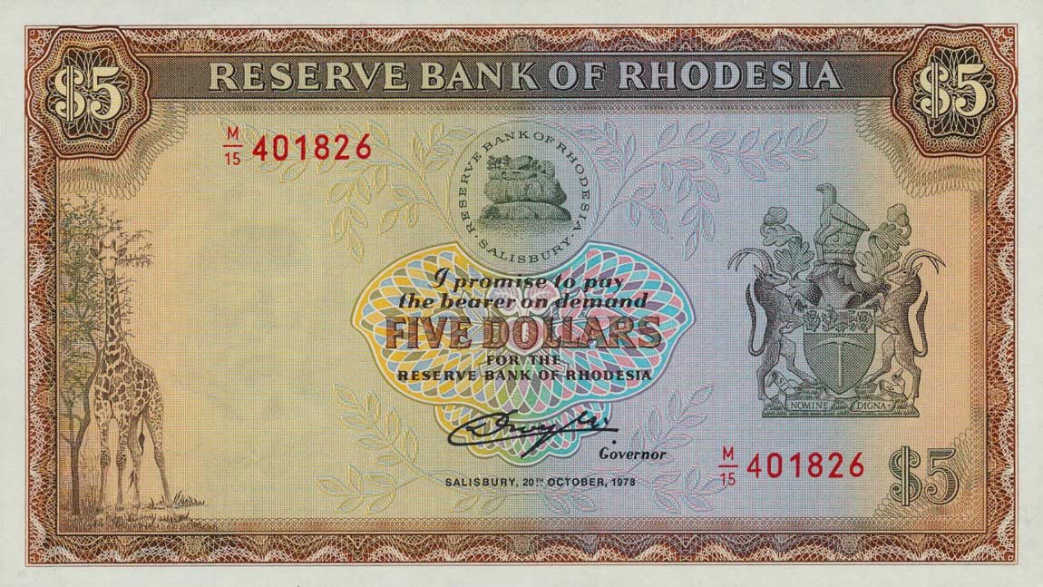 Front of Rhodesia p36b: 5 Dollars from 1978