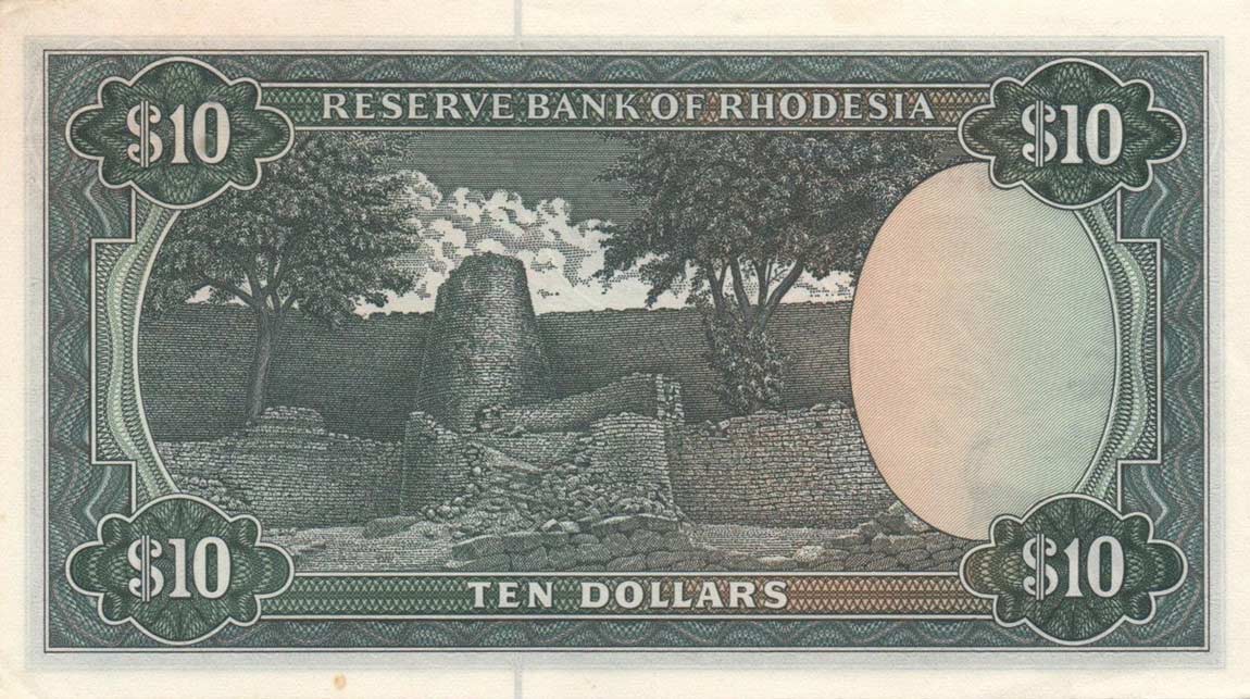 Back of Rhodesia p37a: 10 Dollars from 1976