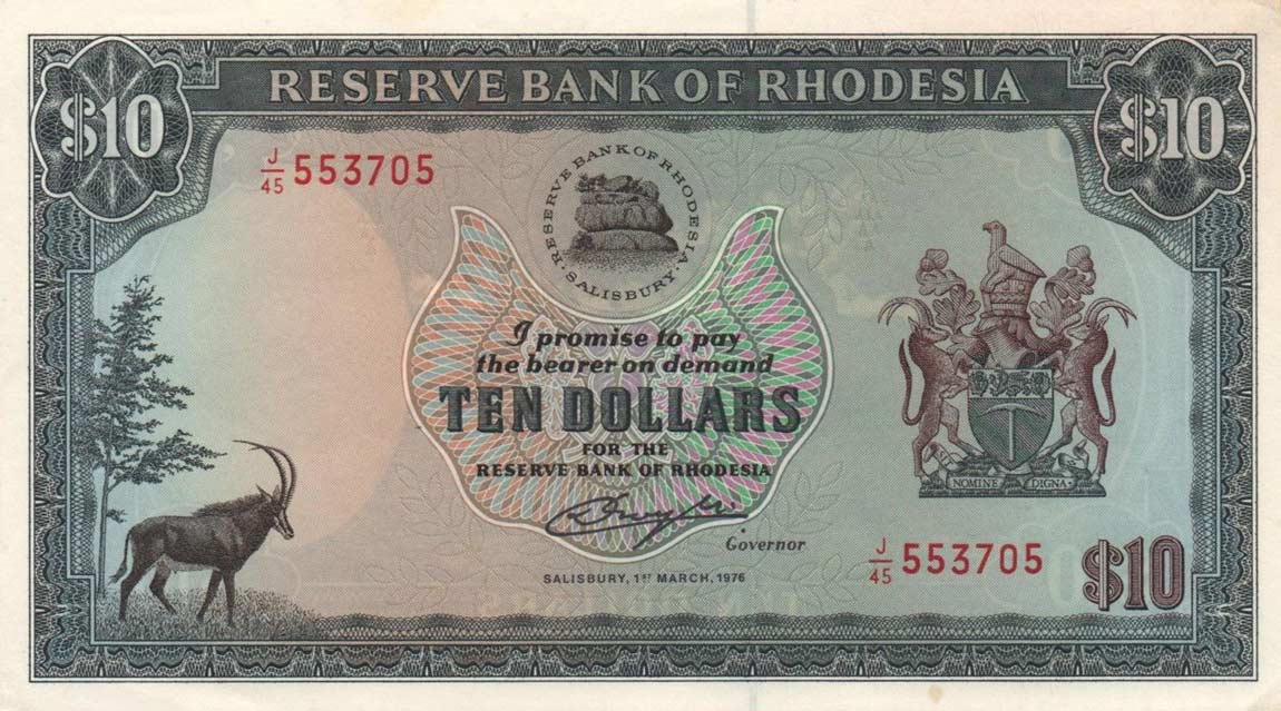 Front of Rhodesia p37a: 10 Dollars from 1976