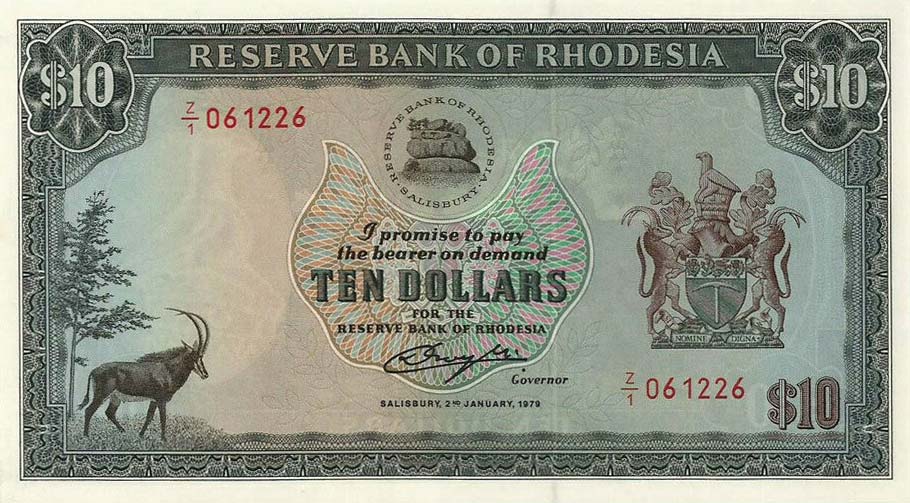 Front of Rhodesia p41r: 10 Dollars from 1979