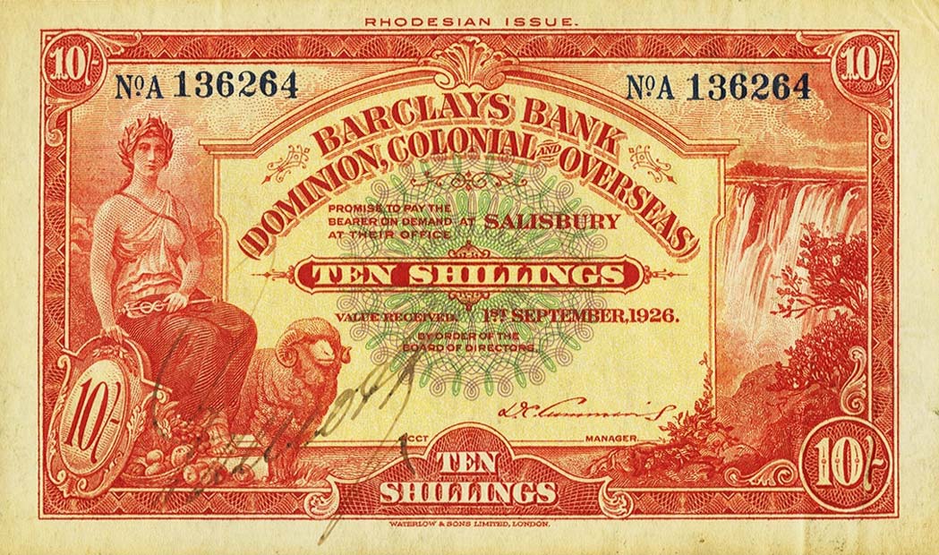 Front of Rhodesia pS111a: 10 Shillings from 1926