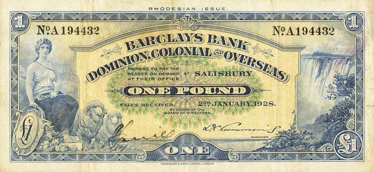 Front of Rhodesia pS112a: 1 Pound from 1926