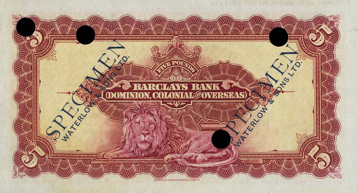 Back of Rhodesia pS113ct: 5 Pounds from 1926