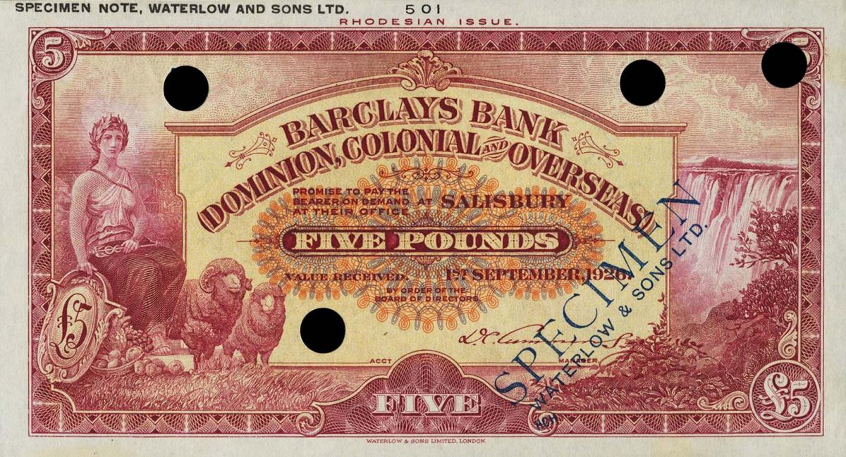 Front of Rhodesia pS113ct: 5 Pounds from 1926