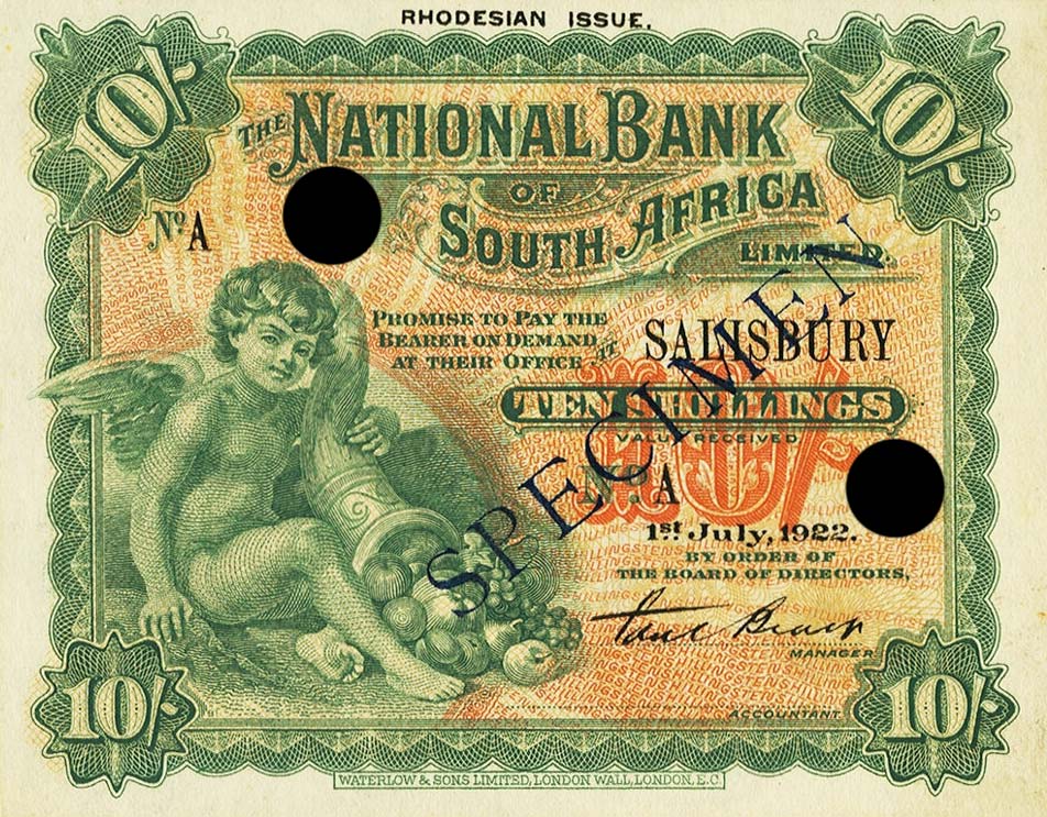 Front of Rhodesia pS121s: 10 Shillings from 1922