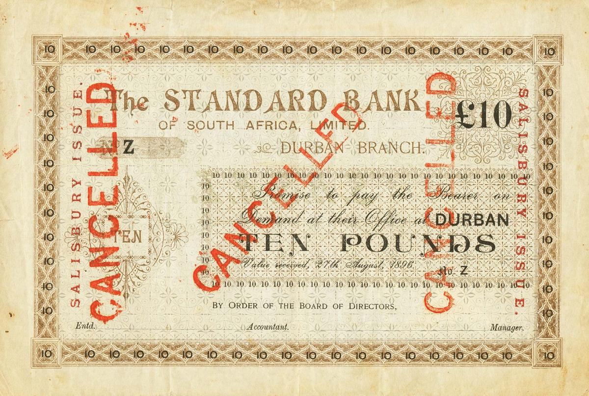 Front of Rhodesia pS134r: 10 Pounds from 1896