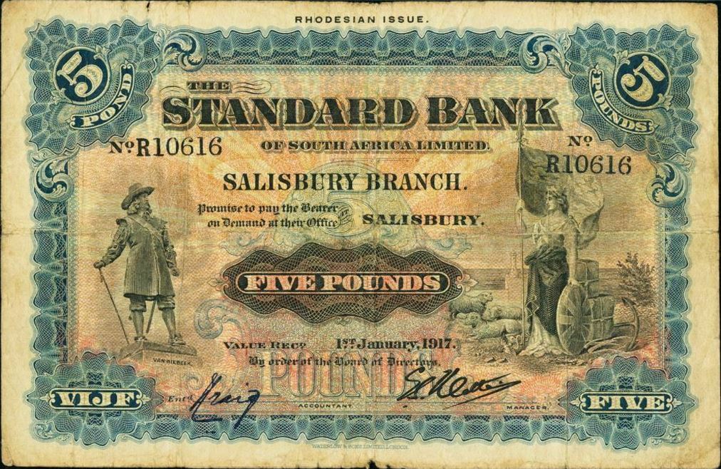 Front of Rhodesia pS139a: 5 Pounds from 1917