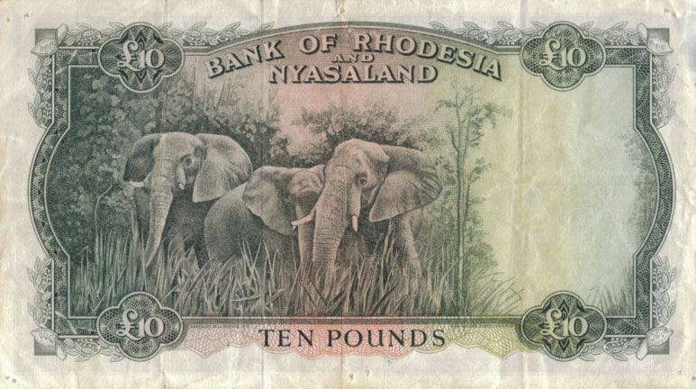 Back of Rhodesia and Nyasaland p23a: 10 Pounds from 1956