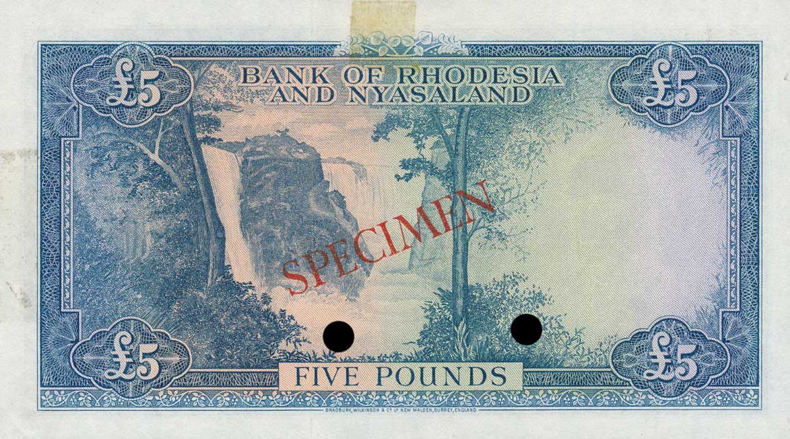 Back of Rhodesia and Nyasaland p22s: 5 Pounds from 1956