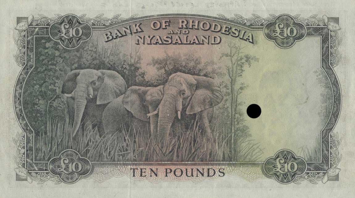 Back of Rhodesia and Nyasaland p23s: 10 Pounds from 1956