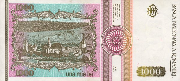 Back of Romania p102: 1000 Lei from 1993