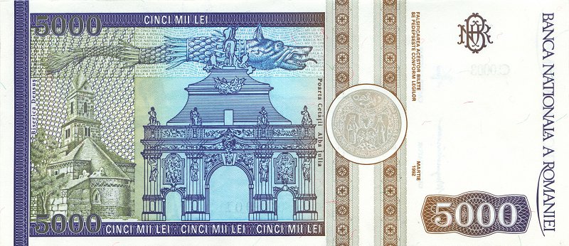 Back of Romania p103a: 5000 Lei from 1992