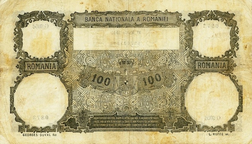 Back of Romania p33a: 100 Lei from 1930