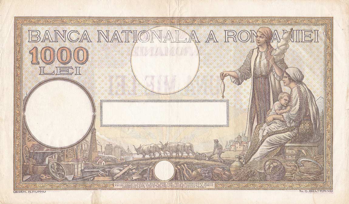 Back of Romania p37a: 1000 Lei from 1934