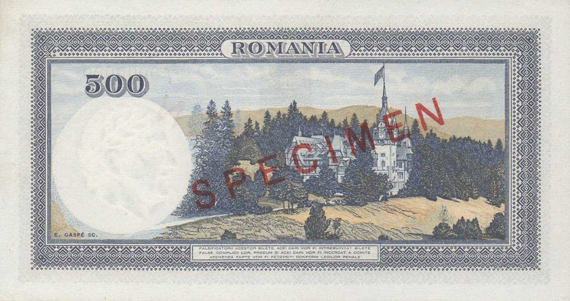 Back of Romania p42s: 500 Lei from 1936