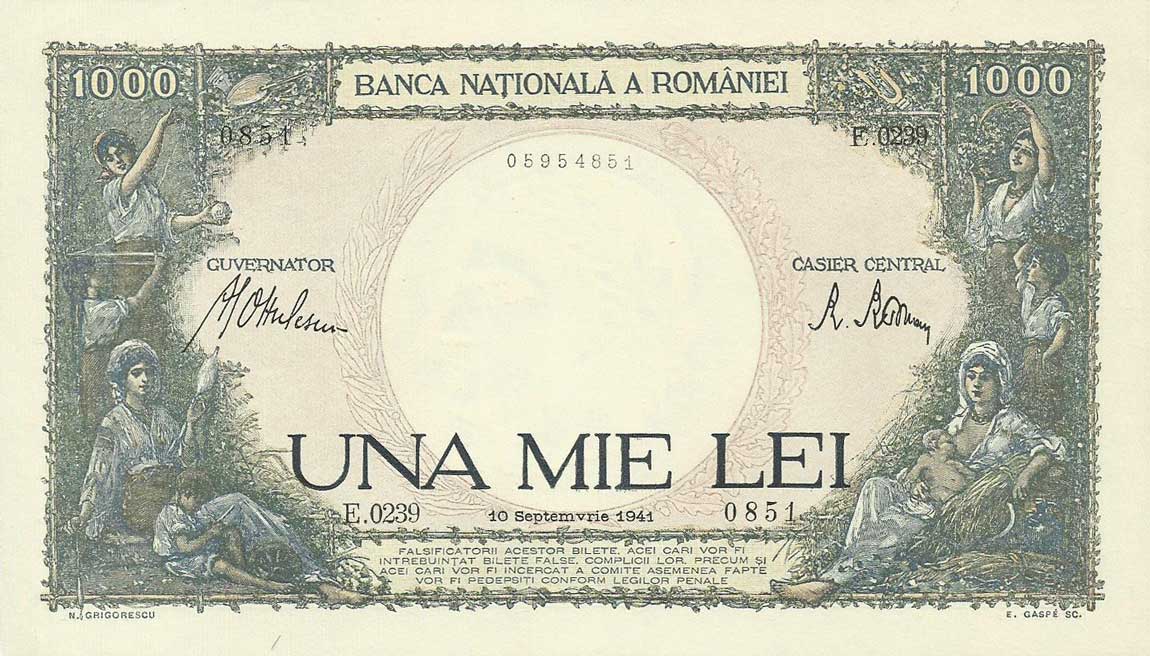 Front of Romania p52a: 1000 Lei from 1941