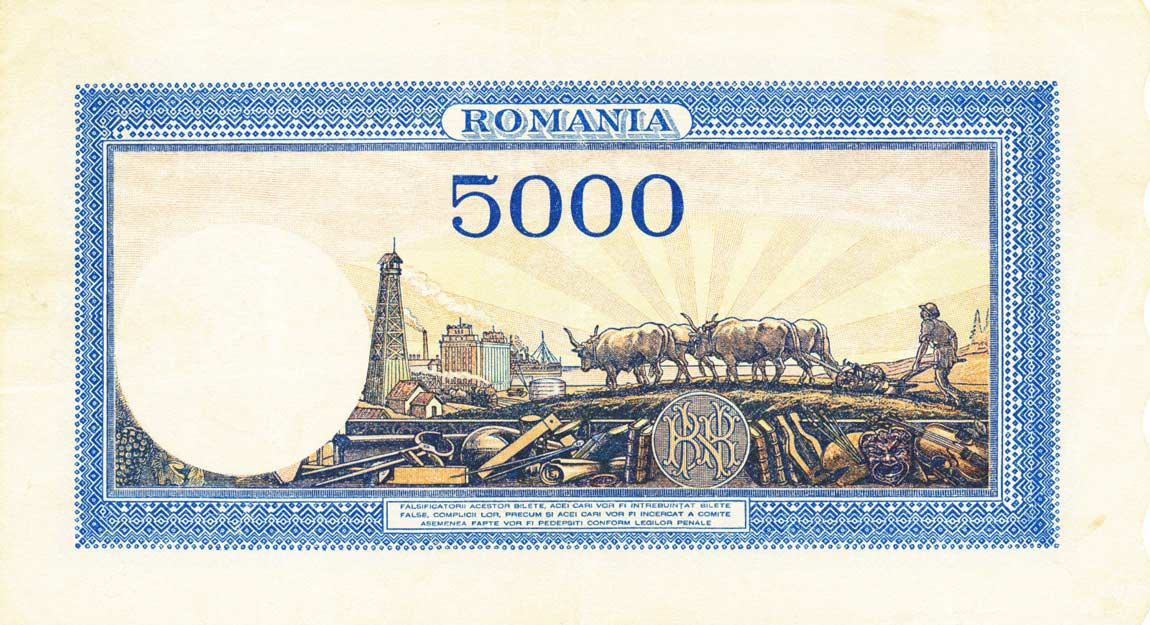 Back of Romania p55a: 5000 Lei from 1943